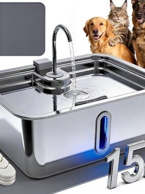 Stainless Steel Pet Water Fountain with LED Indicator - Gray